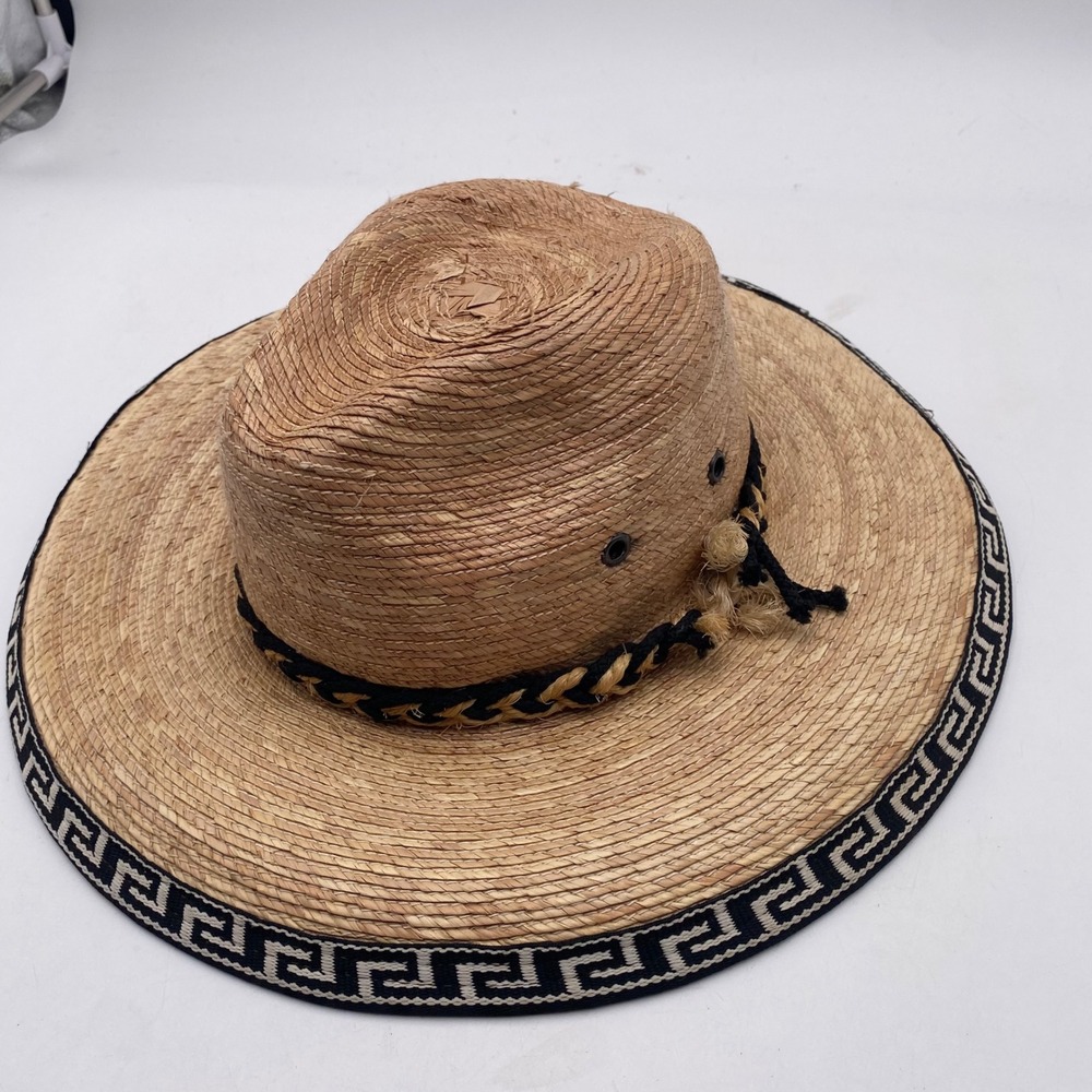 Straw Lifeguard Sun Hat Medium Tan Black Greek‎ Key Wide Brim Beach Summer Mens